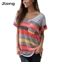 Летняя женская футболка с карманом, женская футболка с коротким рукавом и v-образным вырезом, свободная футболка