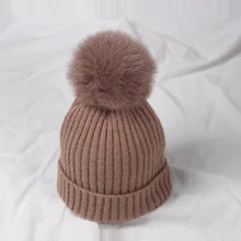 Knb044 Для женщин шерсть кролика смесь трикотажные шапочки Skullies зима теплая лиса Мех животных помпонами шапки вязать шляпу Осень капот Шапки