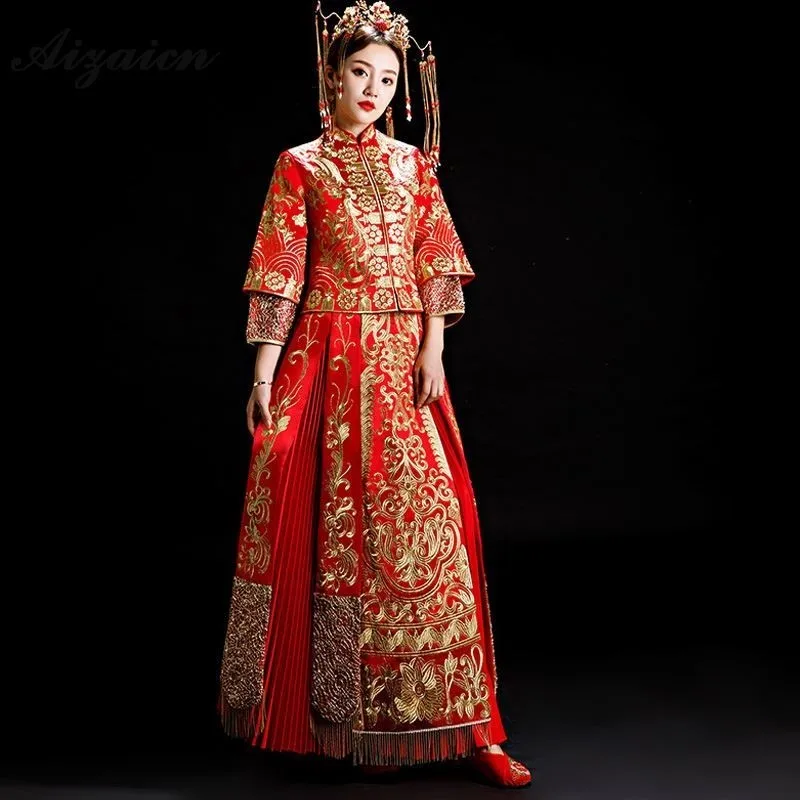 Модные Ретро плиссированные Cheongsam Длинные платья Chinoise невесты женитьба Qi Pao женское китайское свадебное платье Дракон Мантия с изображением Феникса красный