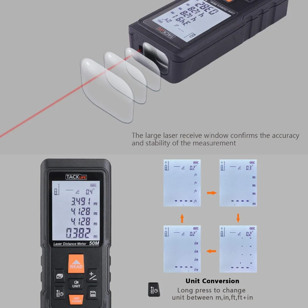 TACKLIFE Лазерная мера 165Ft с электронным датчиком угла штатив винтовое отверстие задержка измерения режим переносная сумка батареи-S3-50