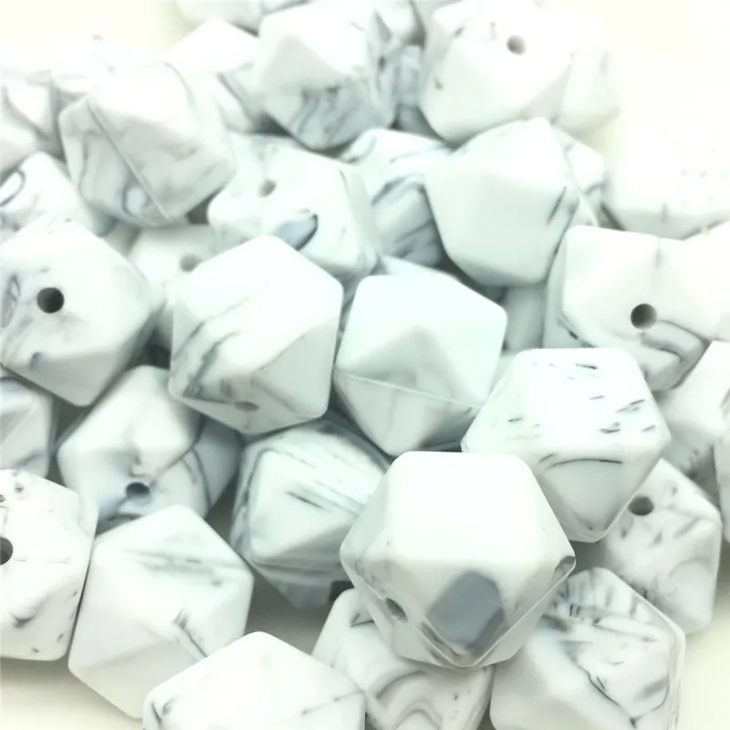 

10 PCS Marble White 17 MM Hexagon Silicone Teething Soft Beads Baby Sensory Teethers Nursing Necklaces Chewing Beads Supplier