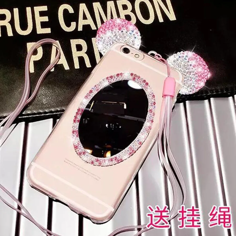 

For iphone 5 SE 6 6S 7 Plus 6plus 7plus Cute Cartoon Cover 3D Minnie Mouse Ears Rhinestone Crystal TPU Phone Case With Lanyard