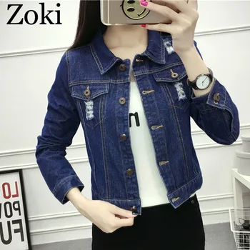 

Zoki Casual Women Denim Jacket Spring Autumn Pocket Single Breasted Ripped Coat Jeans Slim Korean Basic Blue Female Outwear 2020