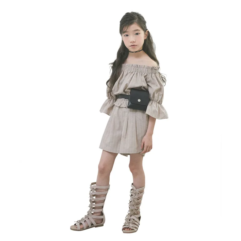 

Fashion Vertical Stripe Kids Girls Off-shoulder Tops Strapless T-shirt Loose Pants Outfits 2 Pcs Girls Summer Clothing Set CA921