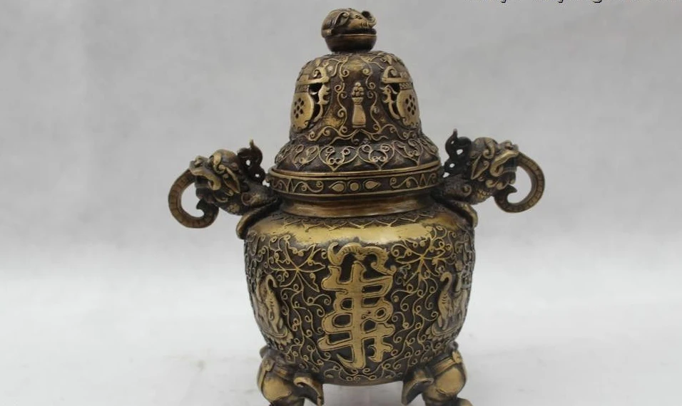 

10"Chinese Folk Pure Bronze Lucky elephant Dragon Burner incense burner Statue