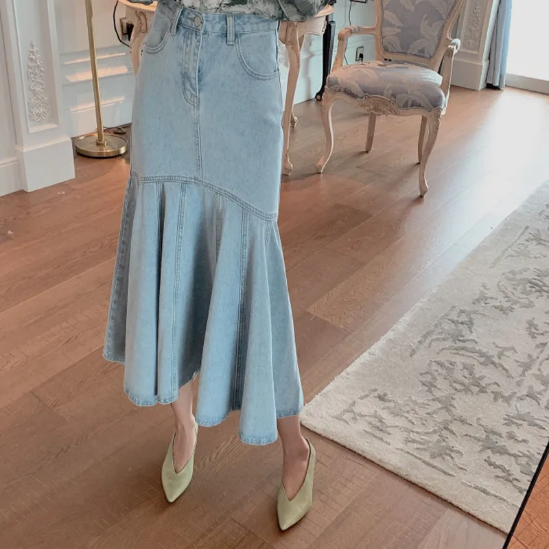 

Free Shipping 2019 New Fashion Long Mid-calf Denim Jeans Skirts For Women S-L Mermaid Style High Waist Fish Tail Skirts Summer