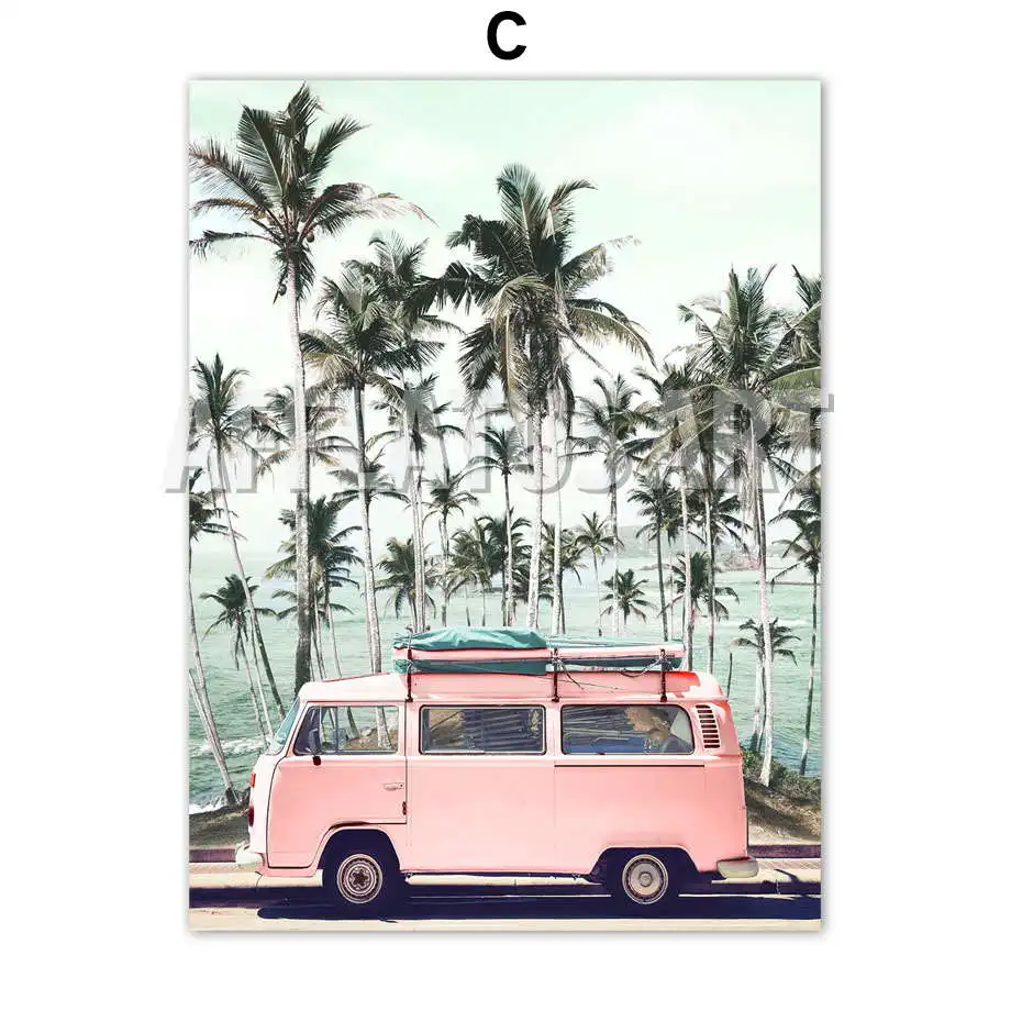 Розовый автобус, морской пляж, кокосовое дерево, пейзаж, настенный арт, холст, живопись, скандинавские плакаты и принты, настенные картины для декора гостиной - Цвет: C