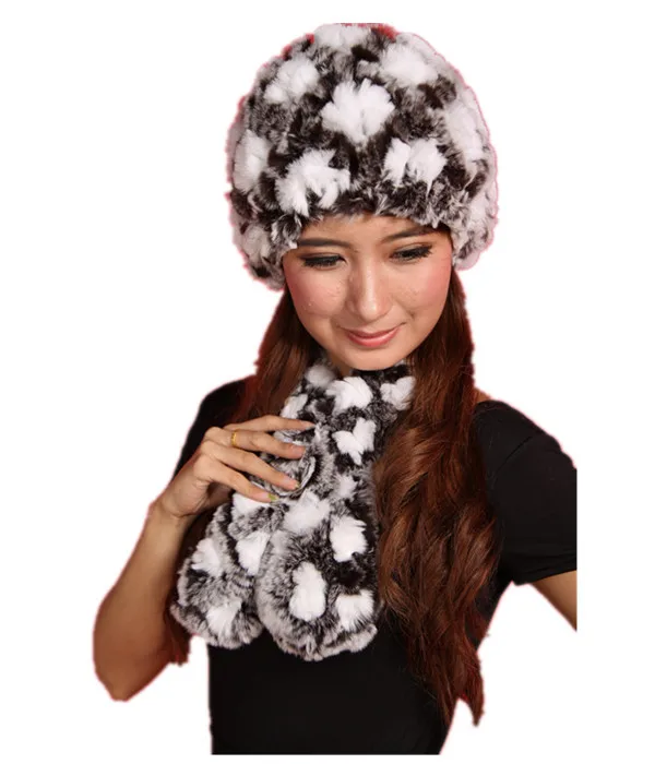 Женская меховая шапка шарф набор женские в клетку Даймонд Шапки. натуральный с мехом кролика трикотажные 6 видов цветов Осень-зима H306