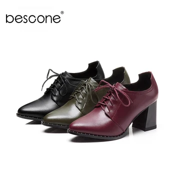 

BESCONE Top Quality Pumps Elegant Genuine Leather Handmade Pointed Toe Pumps Comfortable Lace Up High Square Heel Lady Pumps BO3