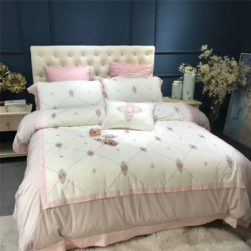 

Embroidery Egyptian cotton Luxury Bedding Set White Pink Princess Duvet cover bed set Queen King size Bed Sheet set bedlinen