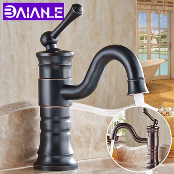 Basin Faucets Black Brass Sink Faucet Deck Mounted Retro Bathroom Faucet Hot and Cold Water Mixer Tap Single Handle ORB Bronze new arrival bathroom white faucet deck mounted cold and hot water tap soild brass white painted sink faucets mixer