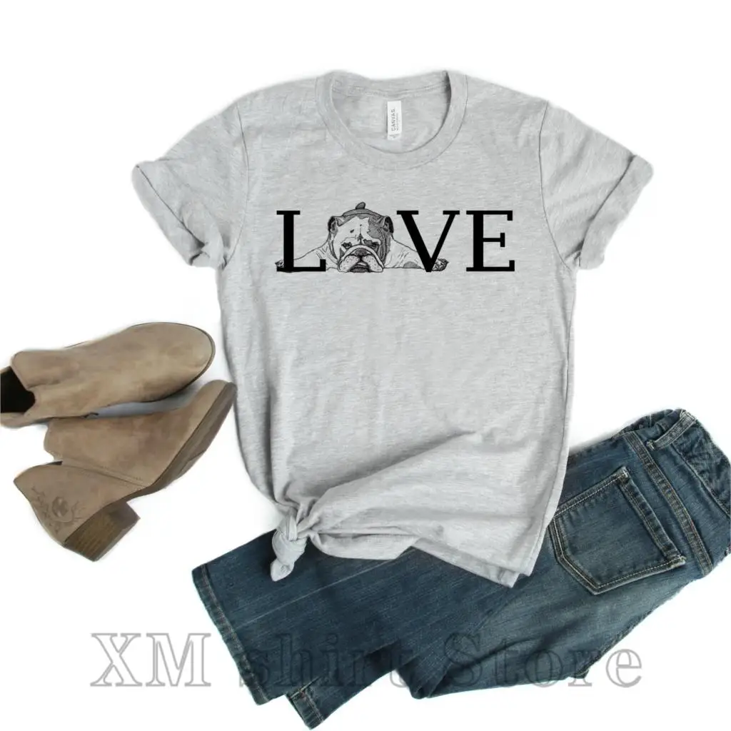 

English Bulldog Love Shirt for Women or Men Heather Gray Bull Dog Mom T-Shirt also in Plus Sizes Unique Gift Ideas