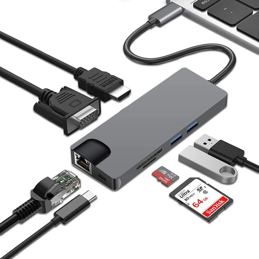 8 In 1 Type C to 2USB SD Micro SD LAN VGA HDMI USBC Adapter Hub