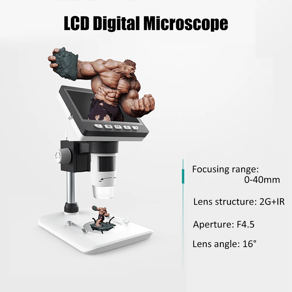 Портативный настольный ЖК-цифровой микроскоп с высокой яркостью 8 светодиодов и встроенной литиевой батареей