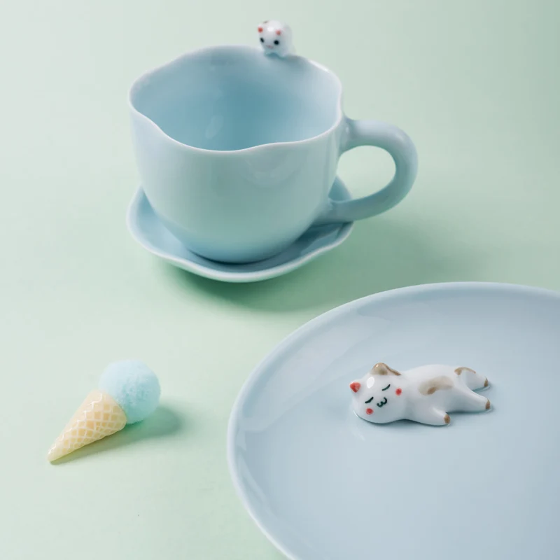 Cute cartoon children ceramic fruit tray Porcelain Coffee cup set Rabbit white Bear