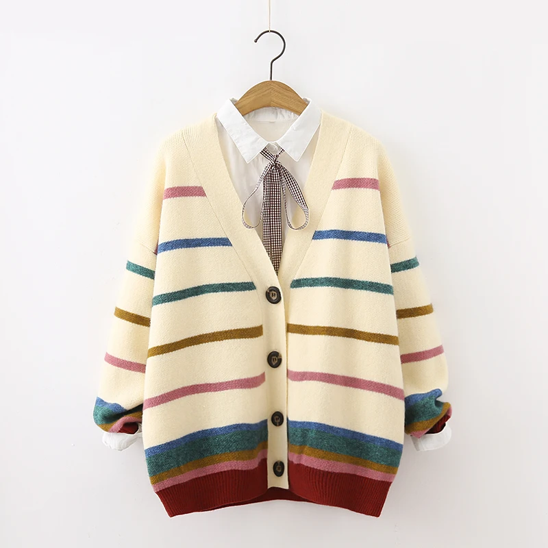 

Literary Rainbow Stripes single-breasted Cardigan wool sweater mori girl 2018 autumn winter