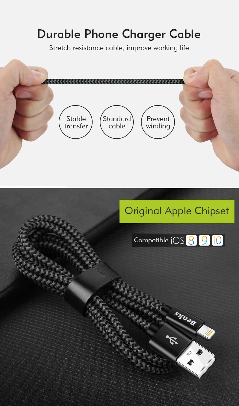 Benks Nylon Lighting Charge Cable 8 Pin For Apple iPhone X 10 8 7 6s Plus IPad IOS 9 10 2.4A Fast Charging Cables 0.251.21 (7)