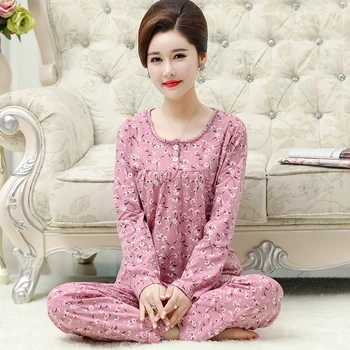 

Women Pajamas Plus Size M-4XL Sleepwear Two-piece Sets Cotton Lounge Wear Floral Top + Pants Pajamas Sets Women Leisure Homewear
