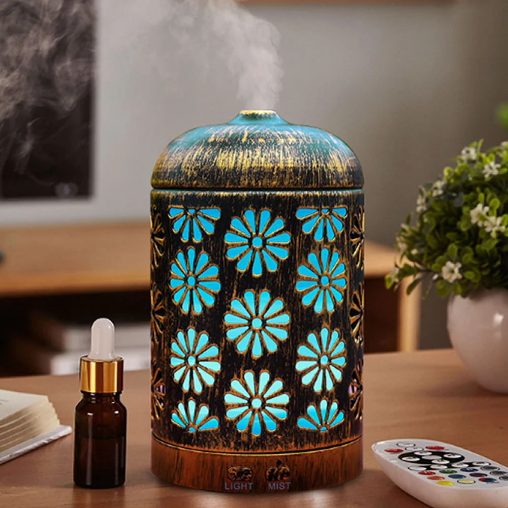 

Iron Metal Ultrasonic Humidifier Floral Style 100ML Aromatherapy Diffuser Essential Oil Mist Maker 7 Color Light For Home Room