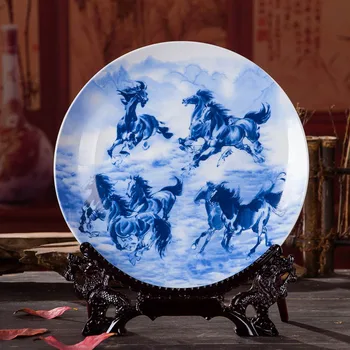 

Antique Inmitation Artistic Blue and White Porcelain Decoration Plate with Printed Horse Painting