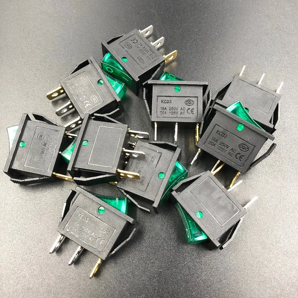 5 шт./лот KCD3 101N16A/250Vac зеленый свет с 2 сторонним черным переключателем вкл/выкл/ВКЛ 3