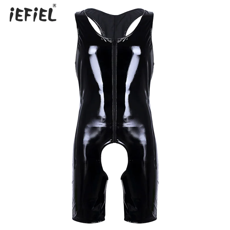 

Fetish Mens Sleeveless Wetlook Patent Leather Latex Catsuit Body Suit Front Zipper Open Crotch Bodysuit Singlet Leotard Clubwear