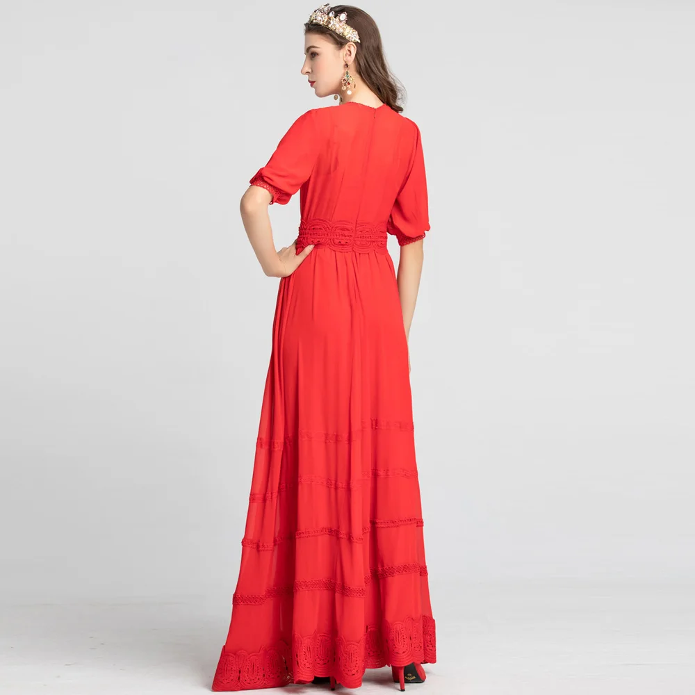 Red RoosaRosee Runway Designer Women Short Sleeve Hollow Out Long Maxi Dress Elegant Fashion Party Dresses Vestidos Robe Femme