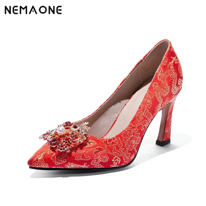 

NEMAONE Elegant red wedding shoes Chineses style bridal cheongsam dress shoes thin high heels women pumps size 34-43