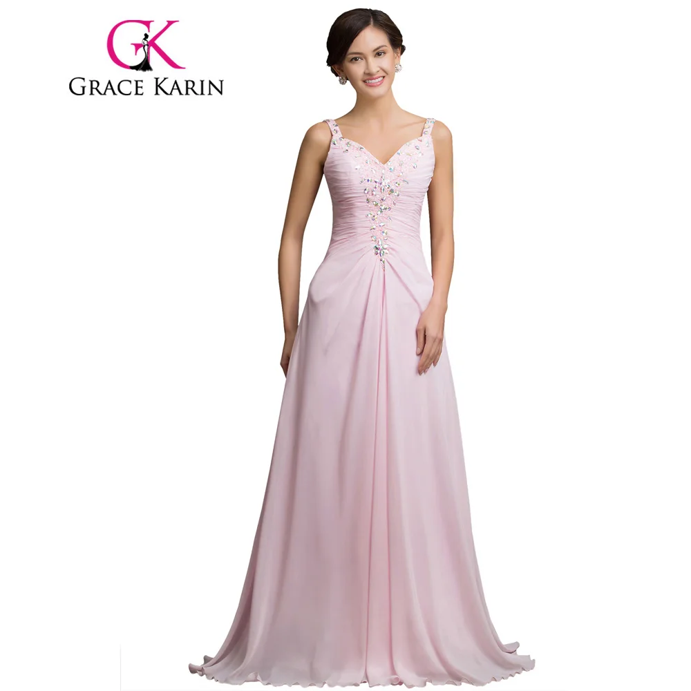 Grace Karin Long Pink Prom Dress Under 50 V Neck Beading Sequin