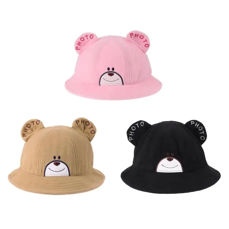 

1 pcs Baby Winter Autumn Hats Cotton Cartoon Bear Boy Girl Bucket Folding Caps Denim Cotton Toddler Kids Tractor Cap props