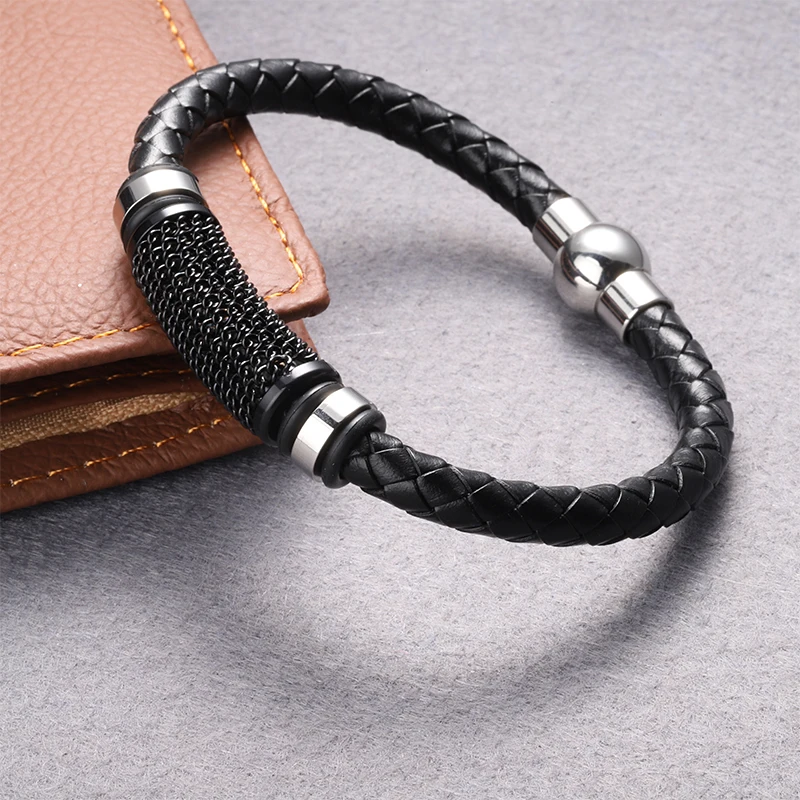 

Singreal New Arrival Black Braided Genuine Leather Bracelet Men Punk Stainlees Steel Leather Bracelets&Bangles Men Jewelry