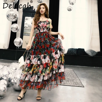 

Delocah Women Summer Spaghetti Strap Dress Runway Fashion Designer Backless Ruffled Floral Print Elegant Vintage Cupcake Dresses
