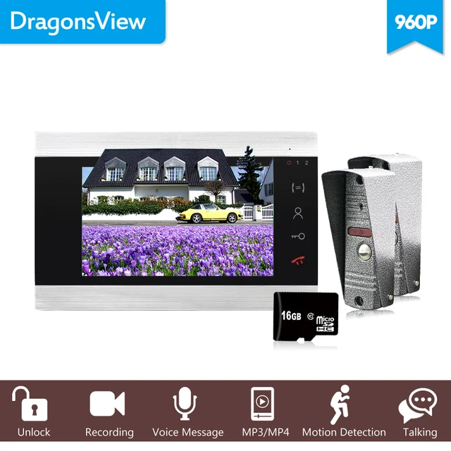 Best Price Dragonsview  960P/AHD Intercom Video Door Phone DoorBell System 7 Inch Monitor Record 16GB SD Card HD Doorbell Video Call Metal