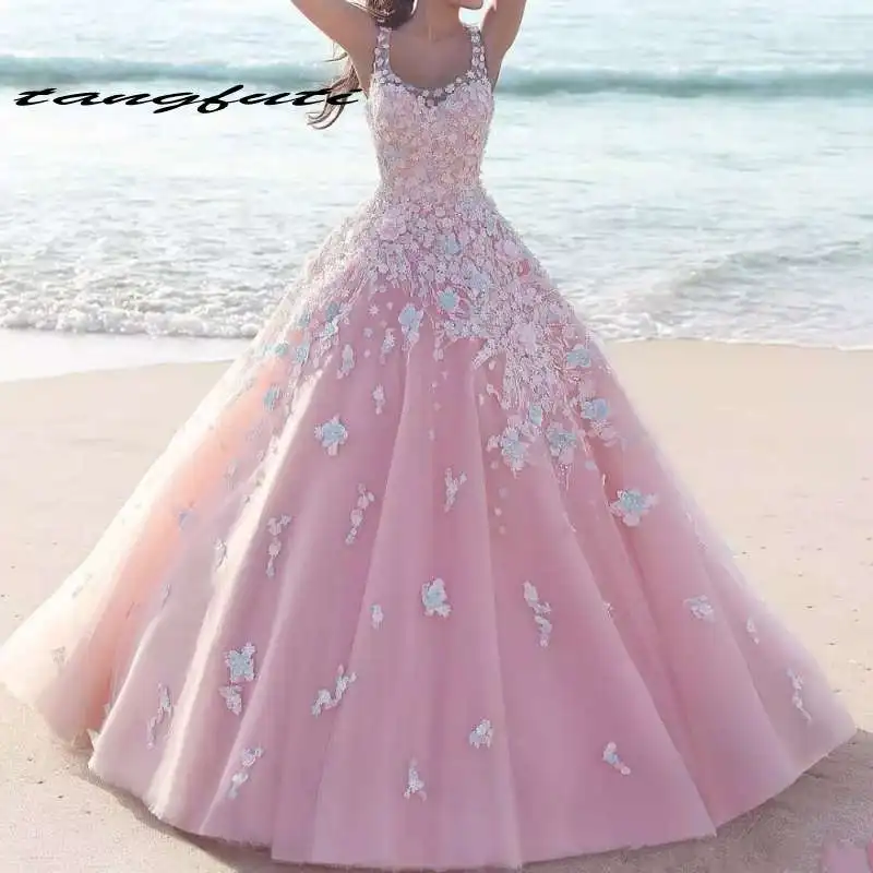 

Princess Floral Flower Pink Quinceanera Dresses Sleeveless Lace Applique Tulle Long Prom Dresses Formal Party Prom Dress