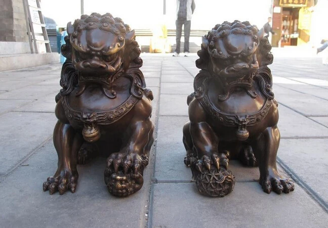 

bi002508 Chinese Feng Shui pure Copper Bronze Evil Door Guardian Fu Foo Dogs Lion Pair
