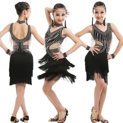 Новый спандекс взрослый ребенок латинских танцев кисточкой камни рукавов латинские танцы платье для ребенка латинские танцы платья S-3XL 236