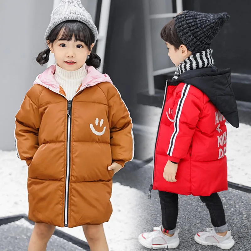 

Winter graffiti smiling face children's long down jacket cartoon high-crowned hat, boy and girl NICE DAY warm coat & down jacket