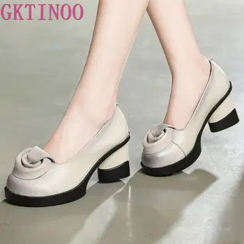 GKTINOO Spring Women Pumps Retro Lady 7CM High Heels Slip On Flower Pumps Handmade Women Genuine Leather Shoes chinese vintage women pumps slip on natural linen floral pumps slope heel retro cloth canvas soft shoes woman