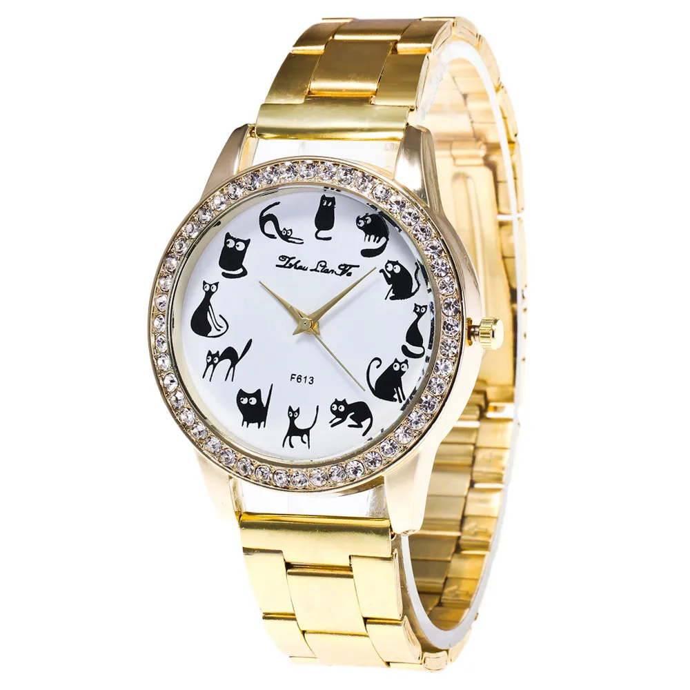 

Top Brand Fashion Luxury Women Wrist Watch Cat Print Rhinestone Dial Gift Clock Quartz Stainless Steel Belt Watch Gift Relogio#S