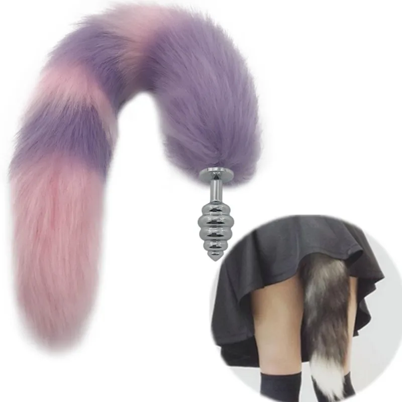 SML Purple and Pink Fox Tail Thread Anal Plug Insert Butt Stopper Stainless Steel Bead Stimulator Sex Products H8-229C | Красота и