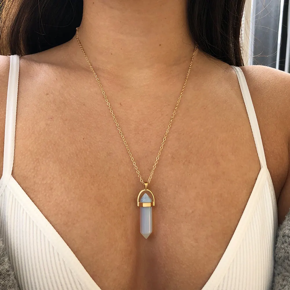 Fashion Opal Stone Hexagonal Column Quartz Necklaces Natural Pink Crystal Pendant Necklace Statement Bohemian Jewelry for Women