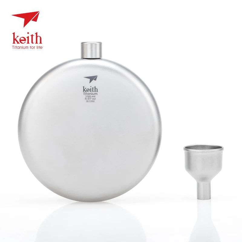 Keith al aire libre cadera de titanio frasco portátil plana redonda de la botella de vino de titanio con embudo de vajilla