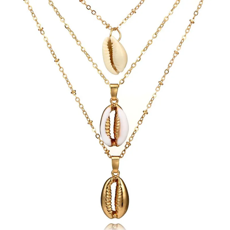

Shuangshuo New Bohemian Three Layers of Shell Pendant Necklace Natural Shell Gold Cowrie Women Cowry Seashell Necklace Jewelry