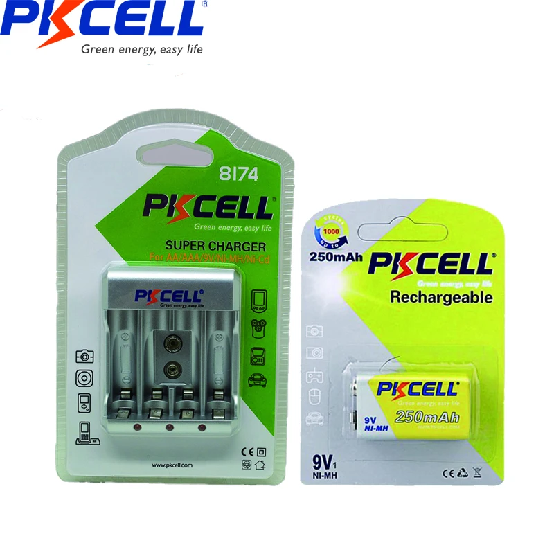 PKCELL 9V аккумуляторная батарея PP3 6F22 6LR61 MN1604 9v батарея и 9v зарядное устройство Зарядка 9v 1,2 v AA/AAA NIMH/NICD Батарея