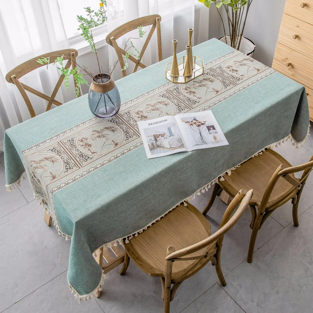 Luxury Embroidered Tablecloth Upscale Linen Cotton Relief Painting Pattern Table cloth Pendant Deco