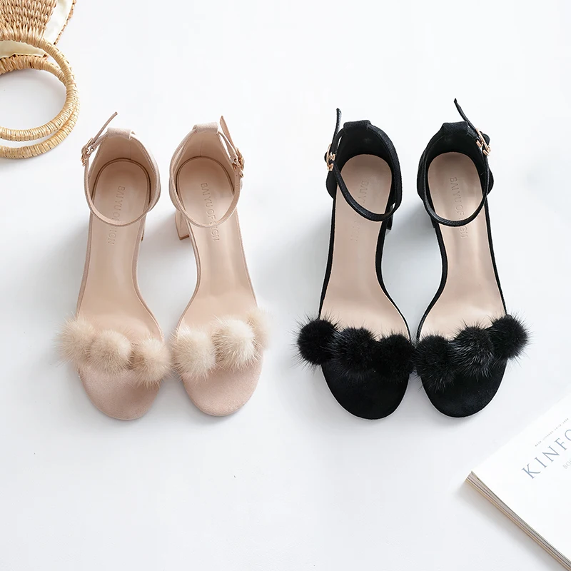 

Summer New Fur Ball Rough With A Word Buckle Belt Sandals Girl 201,800 Heels Fluffy Fairy Shoes