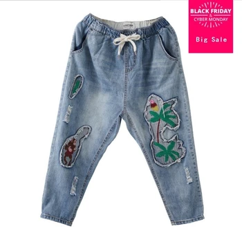 

2019 spring autumn new fashion loose Embroidery women denim pants vintage style hole female jeans gx1003 drop shipping
