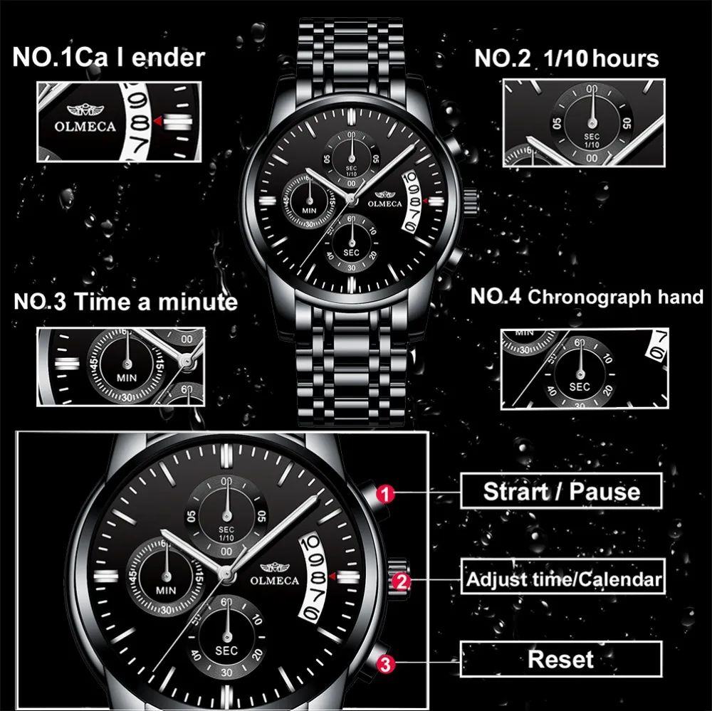 OLMECA Relogio Masculino Men Watch Luxury Watches 3ATM Waterproof Clock Chronograph Wristwatch Stainless Steel Band & Leather
