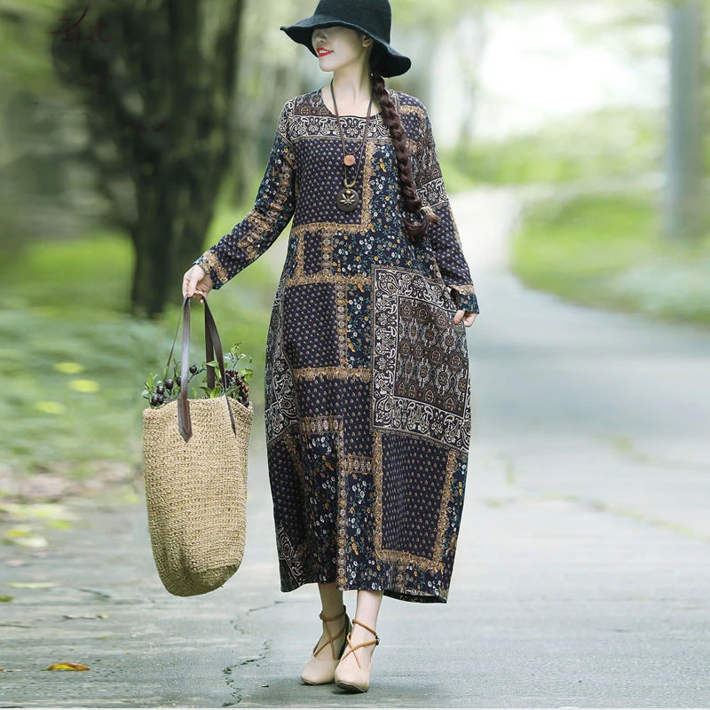 

Vintage Printed Cotton Linen Dress For Women Loose Casual Maxi Dresses Long Sleeve Round Neck Retro Fashion Elbise mujer