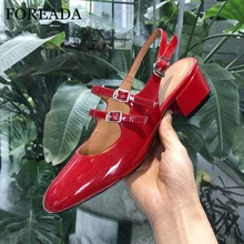 FOREADA/Женская обувь mary janes; обувь на высоком каблуке из натуральной кожи на блочном каблуке; обувь из лакированной коровьей кожи с пряжкой; женская красная обувь; 39